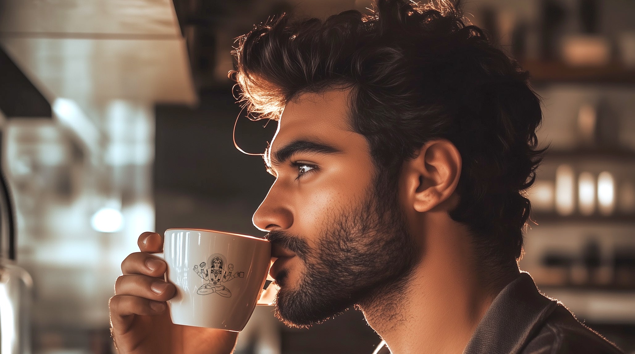 Man drinking a cup of Mushjava Coffee