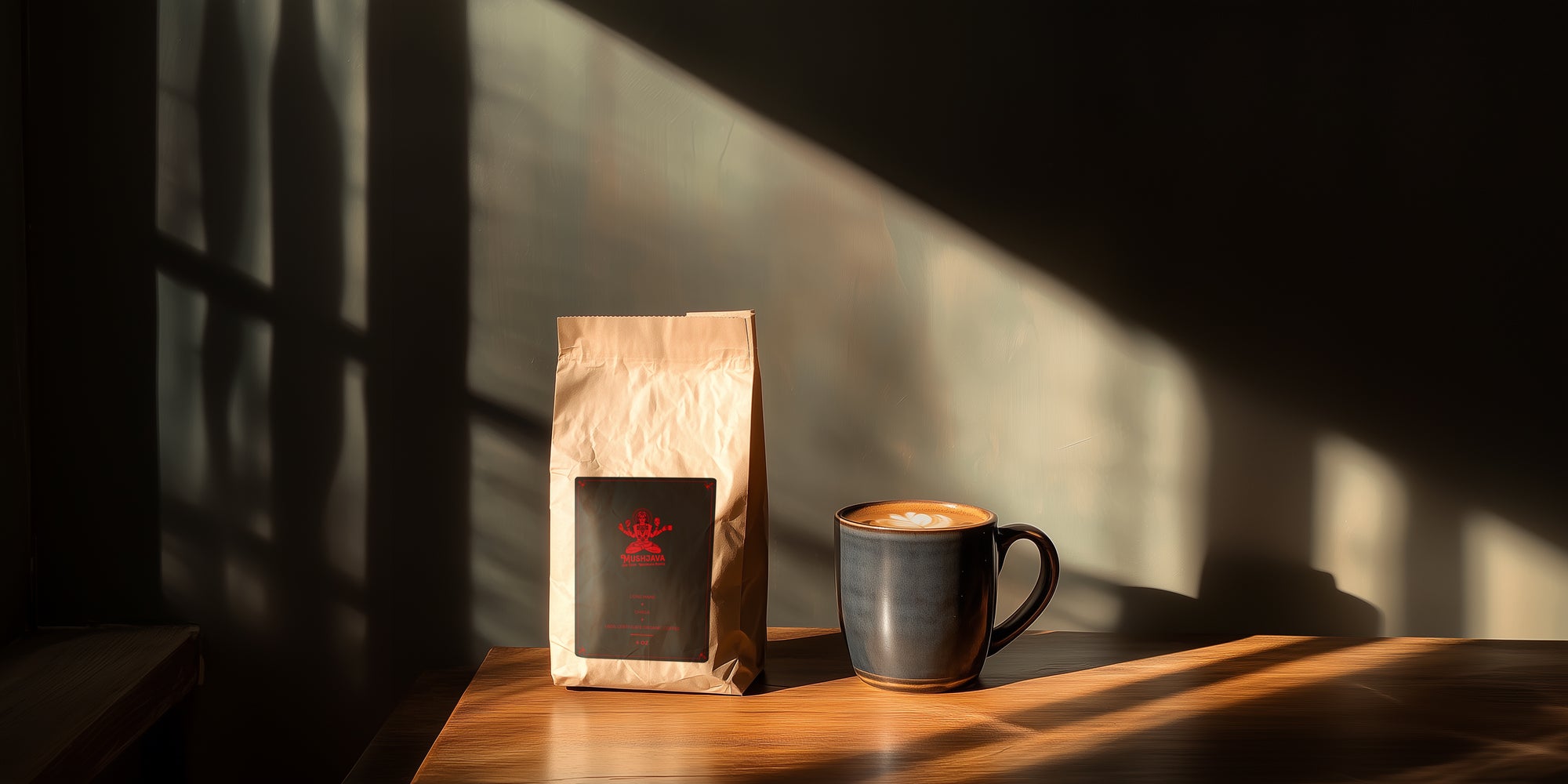 A table showing a Mushjava pack and  coffee mug. 